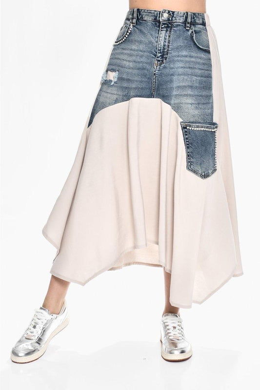 DQMANE Tasarım Taşlı Kot Detay Şifon Etek
