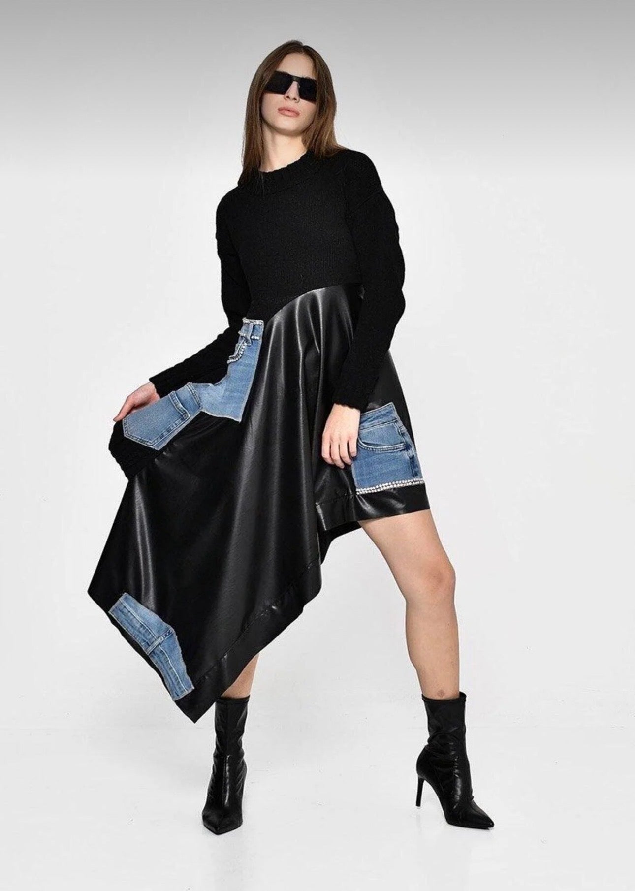 DQMANE Kot Örgü Deri Asimetrik Maxi Elbise