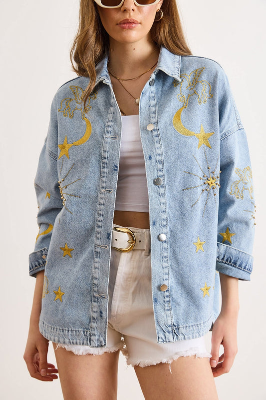Ay Yıldız Nakışlı Denim Gömlek Ceket Mavi