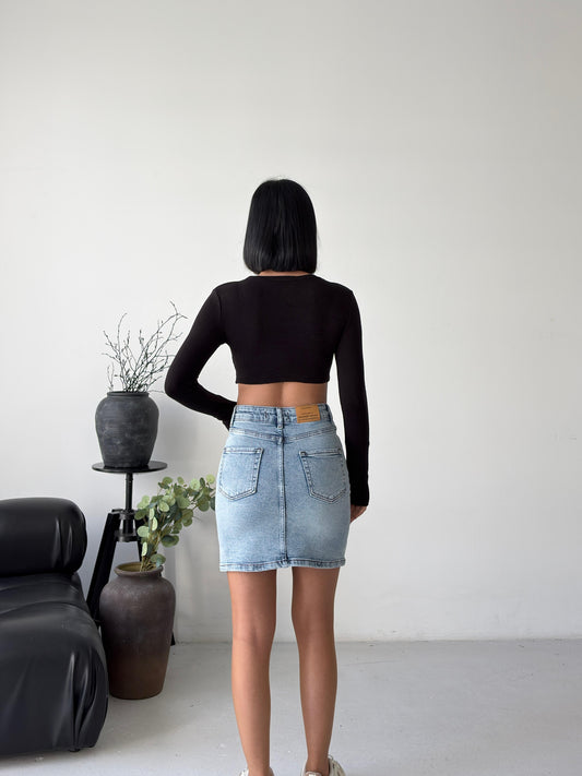 Full Likralı Taşlı Kot Etek