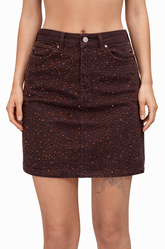 Taşlı Kahverengi Mini Etek