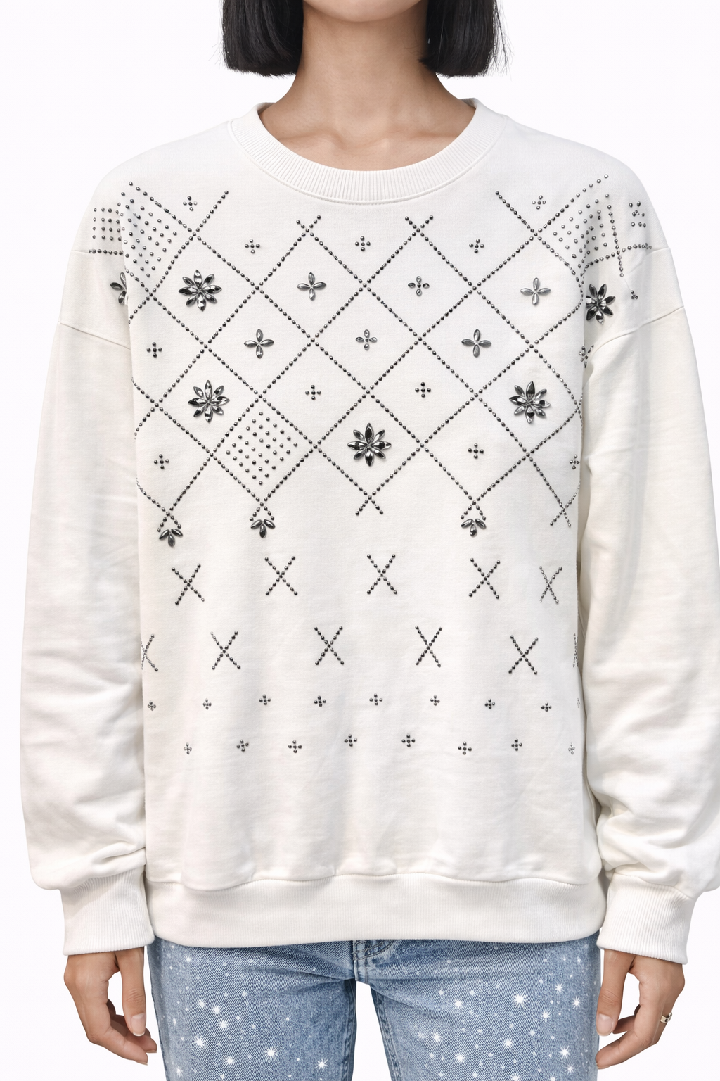 Beyaz BC Taşlı Sweatshirt